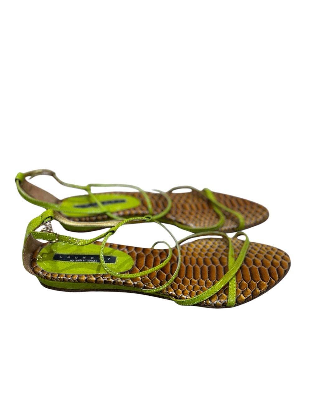 Laundry By Shelli Segal Lime Green Strappy low wedge Sandals snakeskin footbed 8
